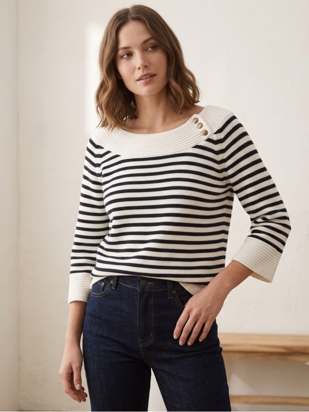 CAbi 3/4 Sleeve Striped Black and White Women's Sweater, Size Medium - Picture 5 of 5
